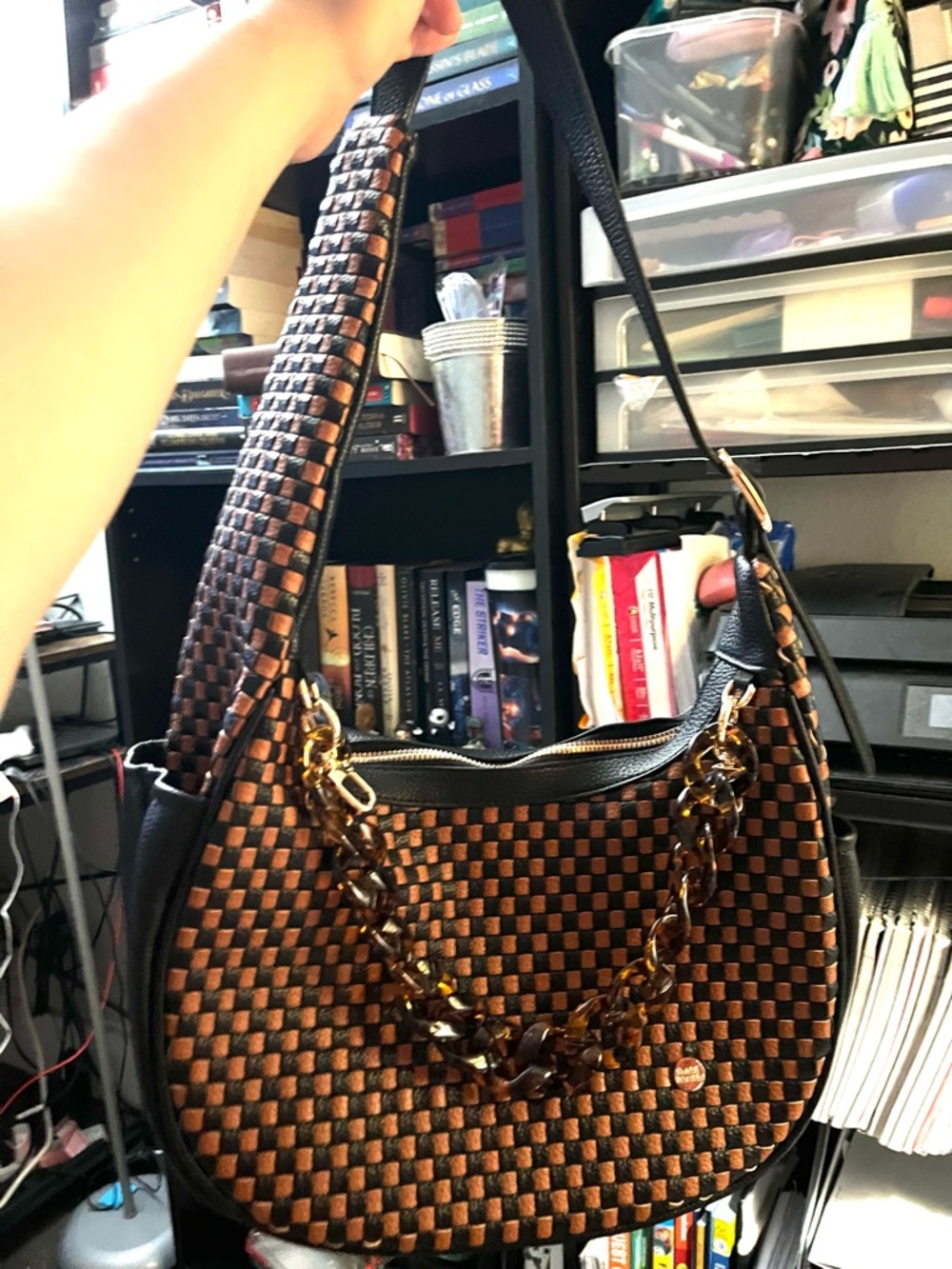 Woven Shoulder Bag in Black and Copper with Chain Accent